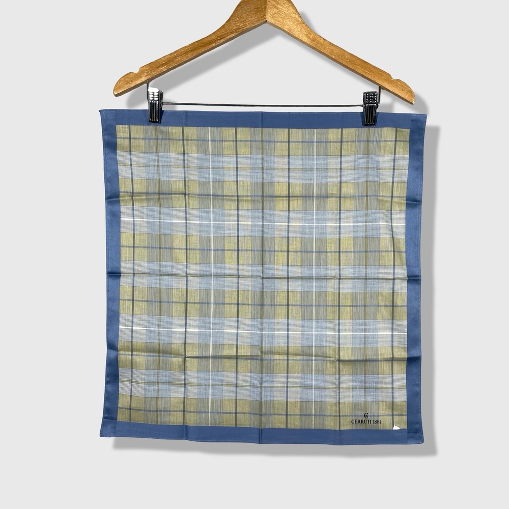 Cerruti 1881 Pocket Square Mens 18.5" Blue Green Plaid Classic Formal Business
